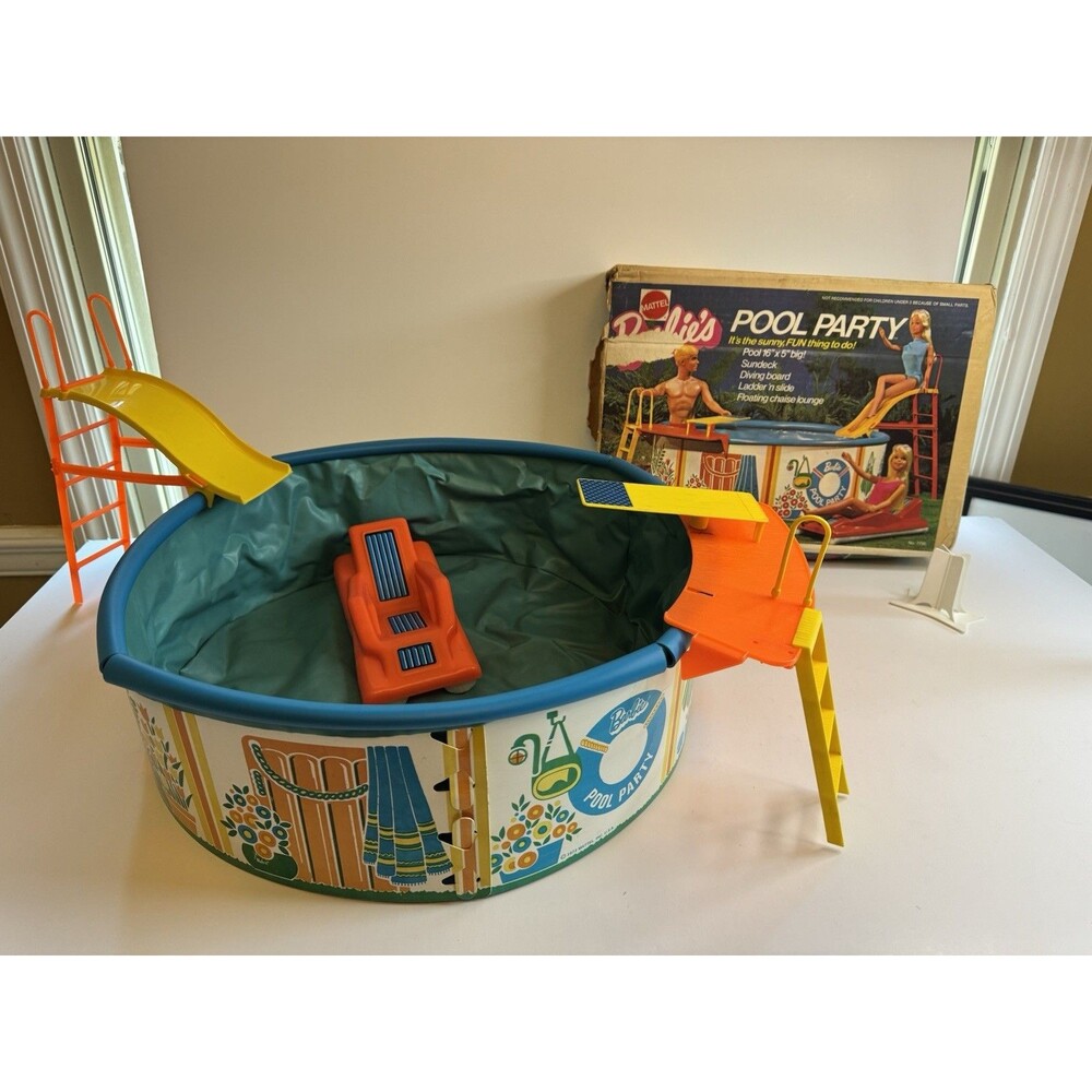 Vintage 1973 Barbie Pool Party Playset Mattel #7795 w/ Box - Bright Graphic